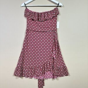 Ruffled Off Shoulder Red Geometric Print‎ Dress, Size L